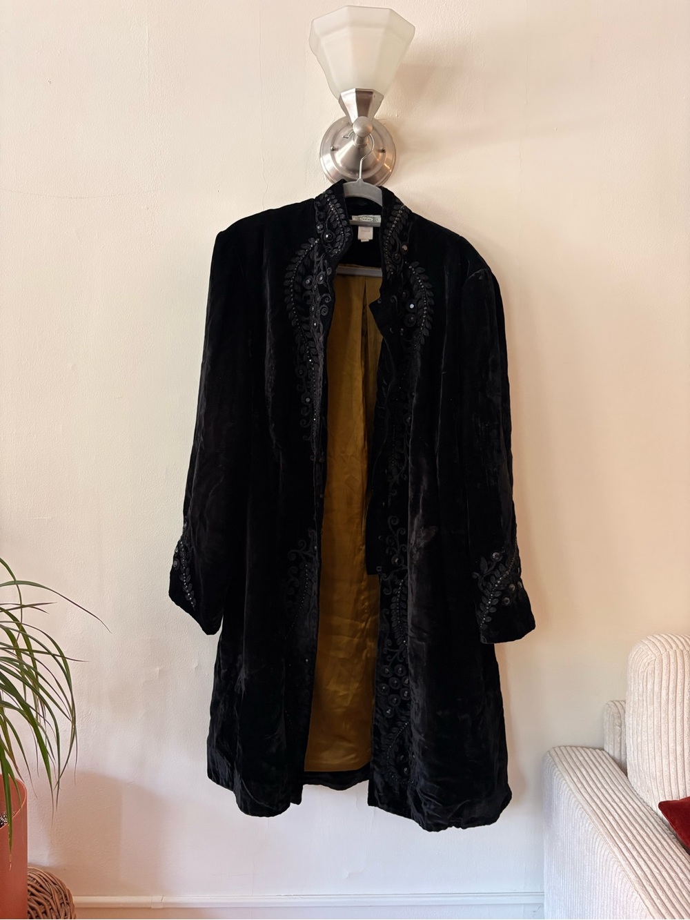 Vintage Joolay Black Velvet Embroidered Trench Coat with Gold Lining